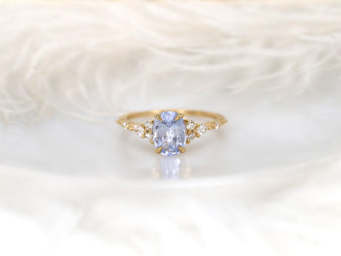 frosted lavender cornflower sapphire oval cluster ring in 14kt gold on white background front view