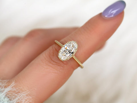 moval diamond button back ring with milgrain in halo and plain shank and lucida gallery pointer finger