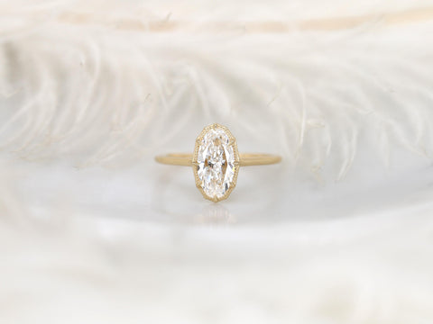 moval diamond button back solitaire ring with milgrain in halo and plain band front view