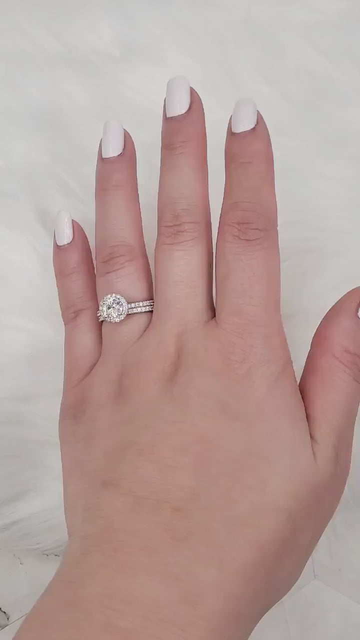 1ct Callie 6.5mm 14kt White Gold Forever One Moissanite Diamonds Minimalist Pave Round Halo Bridal Set,Halo Wedding Ring
