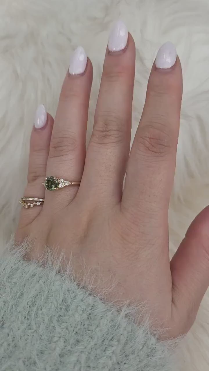 1.47ct Constance 14kt Deep Moss Sapphire Round Cluster Ring,Green Sapphire Ring,Unique Sapphire Ring,Round Engagement Ring,Anniversary Gift