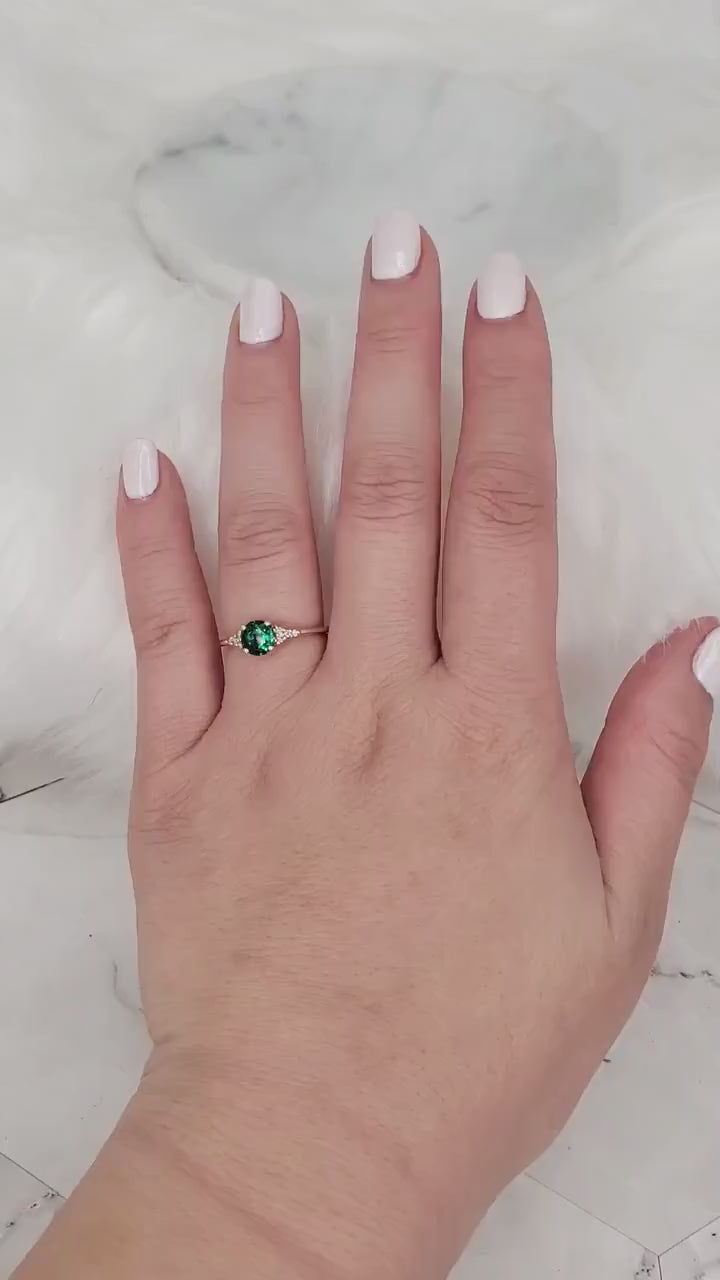 Malia 6mm 14kt Gold Green Emerald Diamond Art Deco Dainty 3 Stone Round Cluster Ring,May Birthstone,Anniversary Gift