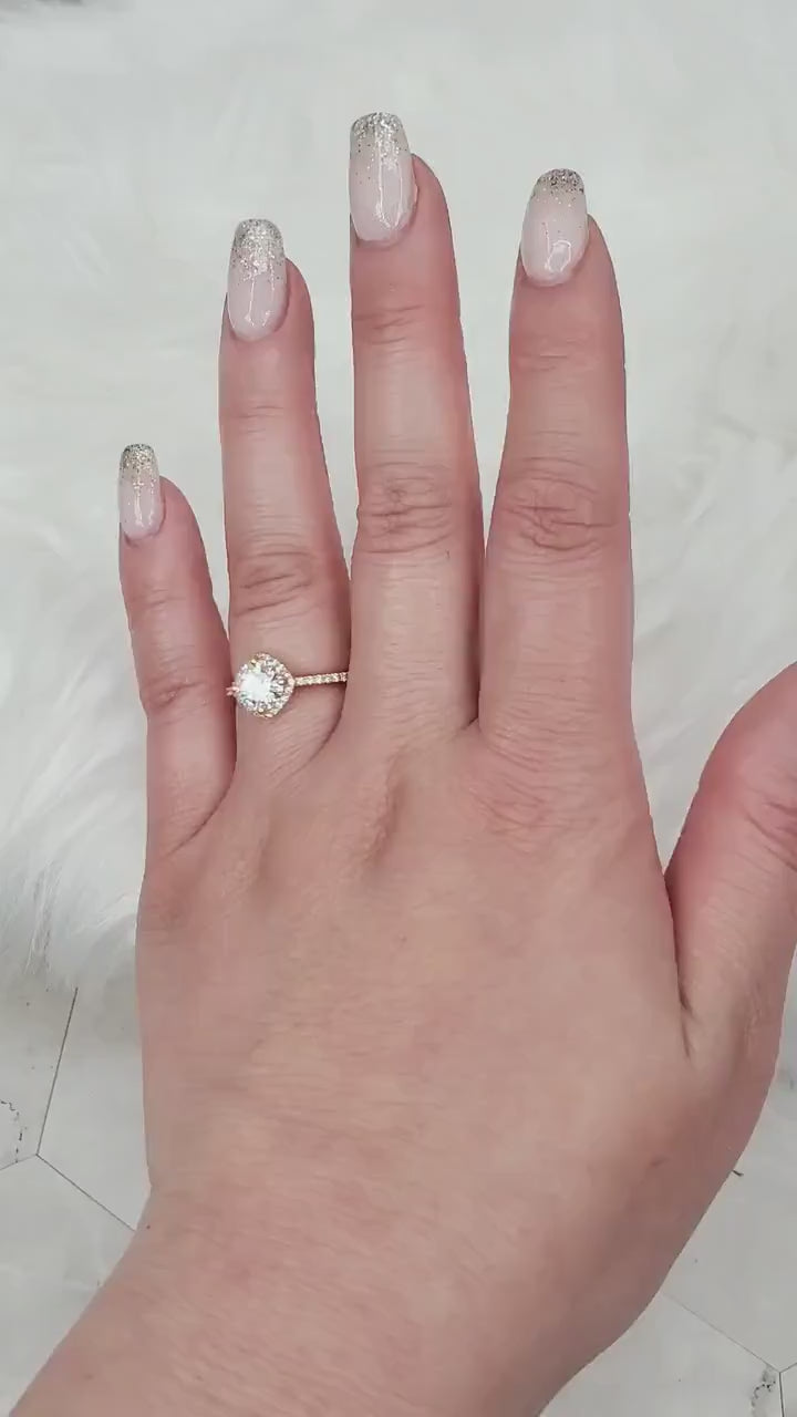 Ready to Ship 1.25ct Kitana 7mm 14kt White Gold Moissanite Diamond Kite Set Dainty Pave Cushion Halo Ring,Unique Halo Ring,Anniversary Gift