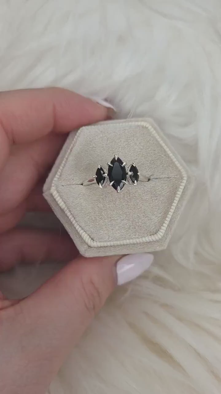 Beckett 10x5mm 14kt Onyx Marquise Three Stone Ring,Marquise Trilogy Ring,Unique Marquise Ring,Marquise Engagement Ring,Onyx Trilogy Ring