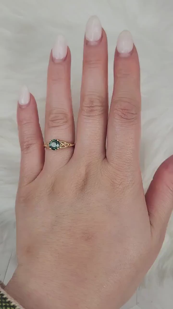 1.42ct Petite Cassidy 14kt Teal Sapphire Celtic Love Knot Round Solitaire,Crossover Ring,Triquetra Ring,Unique Engagement Ring,Anniversary