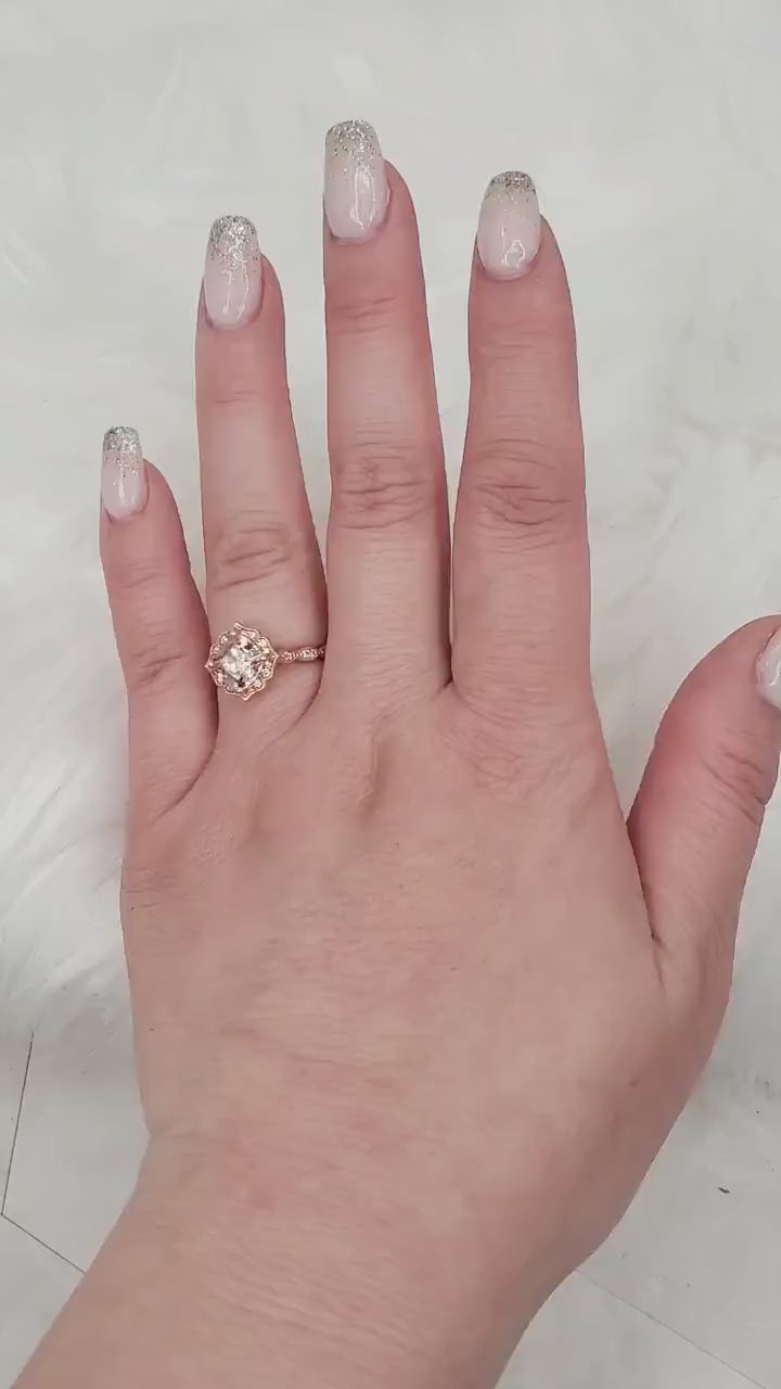 Lucille 7mm 14kt Rose Gold Morganite Diamond WITH Milgrain Kite Halo Ring,Unique Halo Engagement Ring,Art Deco Morganite Ring