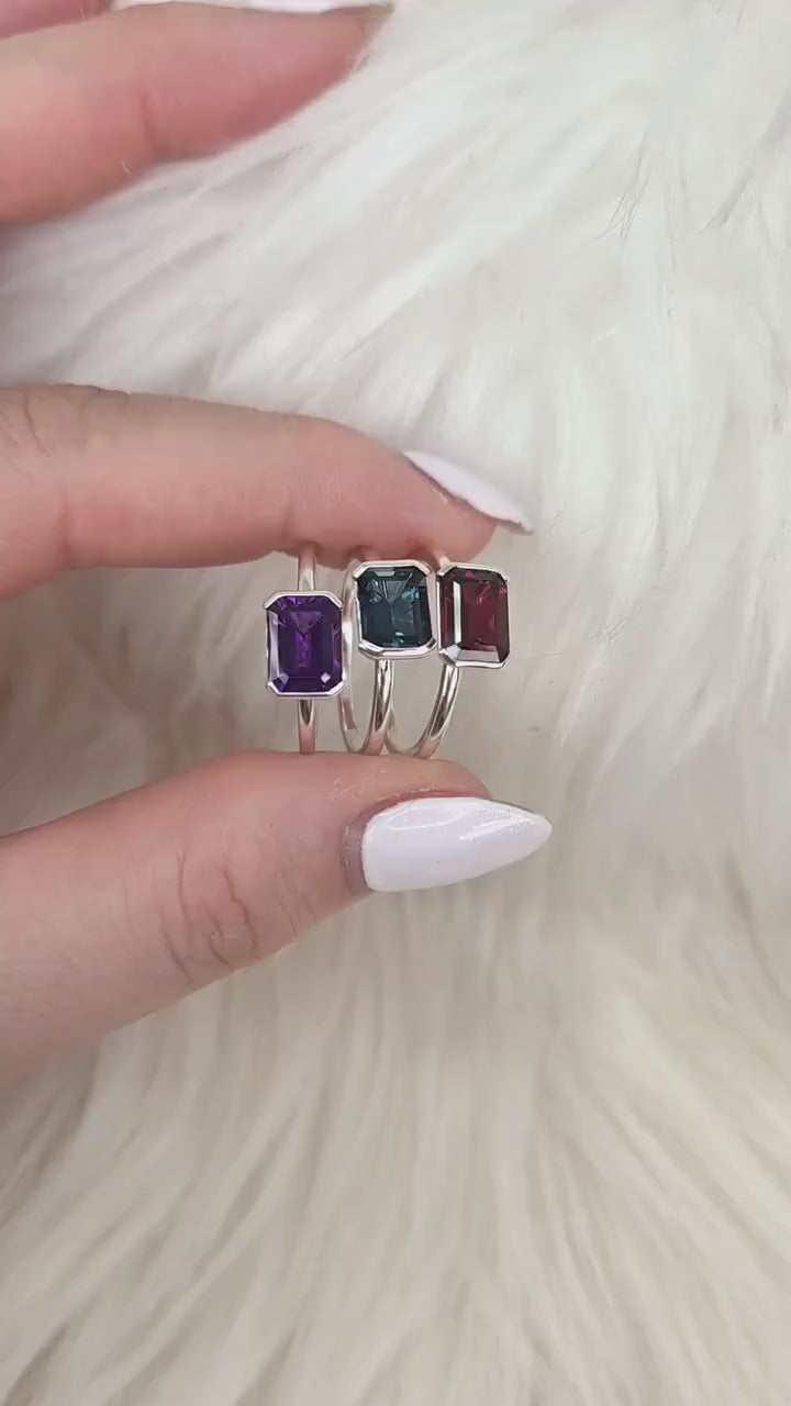Aeryn 8x6mm 14kt Topaz Emerald Cut Ring, East West Set Ring,Amethyst Sideway Set Ring,Unique Garnet Ring,Birthstone Ring,Gift For Her