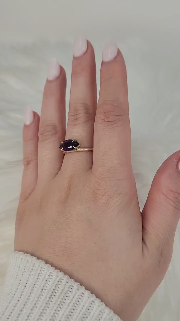 Scarlett 12x6mm 14kt Amethyst Marquise Solitaire Ring,Unique Marquise Ring,Anniversary Ring,February Birthstone Ring,Purple Gemstone Ring