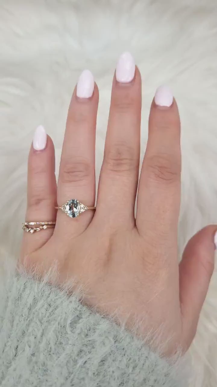 Juniper 8x6mm 14kt Aquamarine Diamond Cluster Ring,Oval Engagement Ring,Unique Aquarmine Ring,Art Deco Ring,Gift For Her,March Birthstone