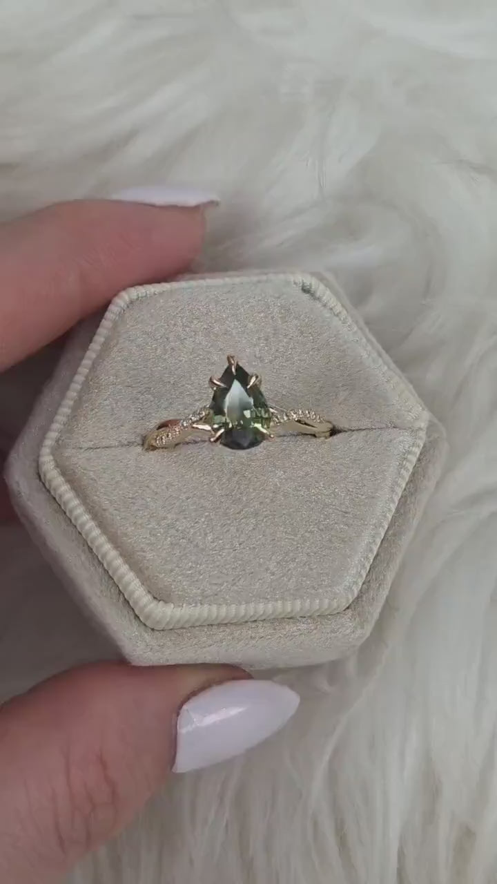 1.84ct Petite Tamara 14kt Sage Teal Sapphire Diamond Crossover Pear Cut Ring,Unique Pear Sapphire Ring,Teal Sapphire Ring,Birthstone Ring