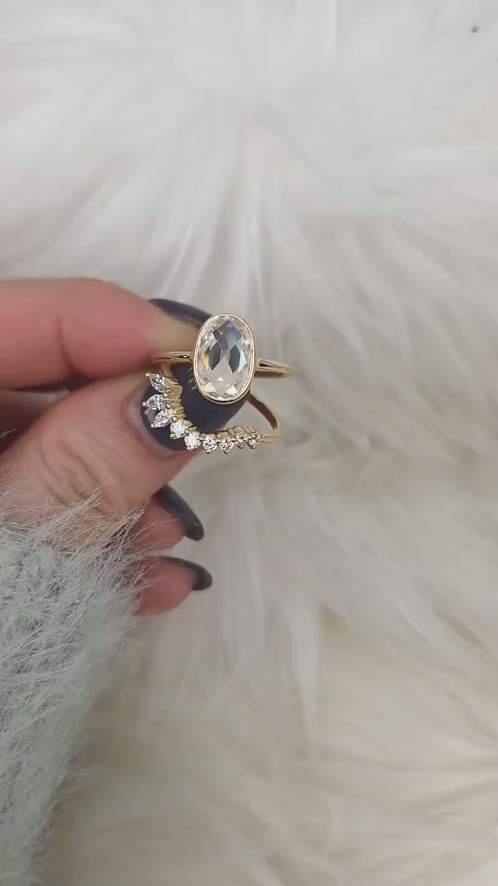 1.50ct Paris Bold 11x7mm & Deep Trix 14kt Oval Moissanite Rose Cut Solitaire Ring,Oval Ring,Bezel Set Minimalist Ring,Celestial Ring Set