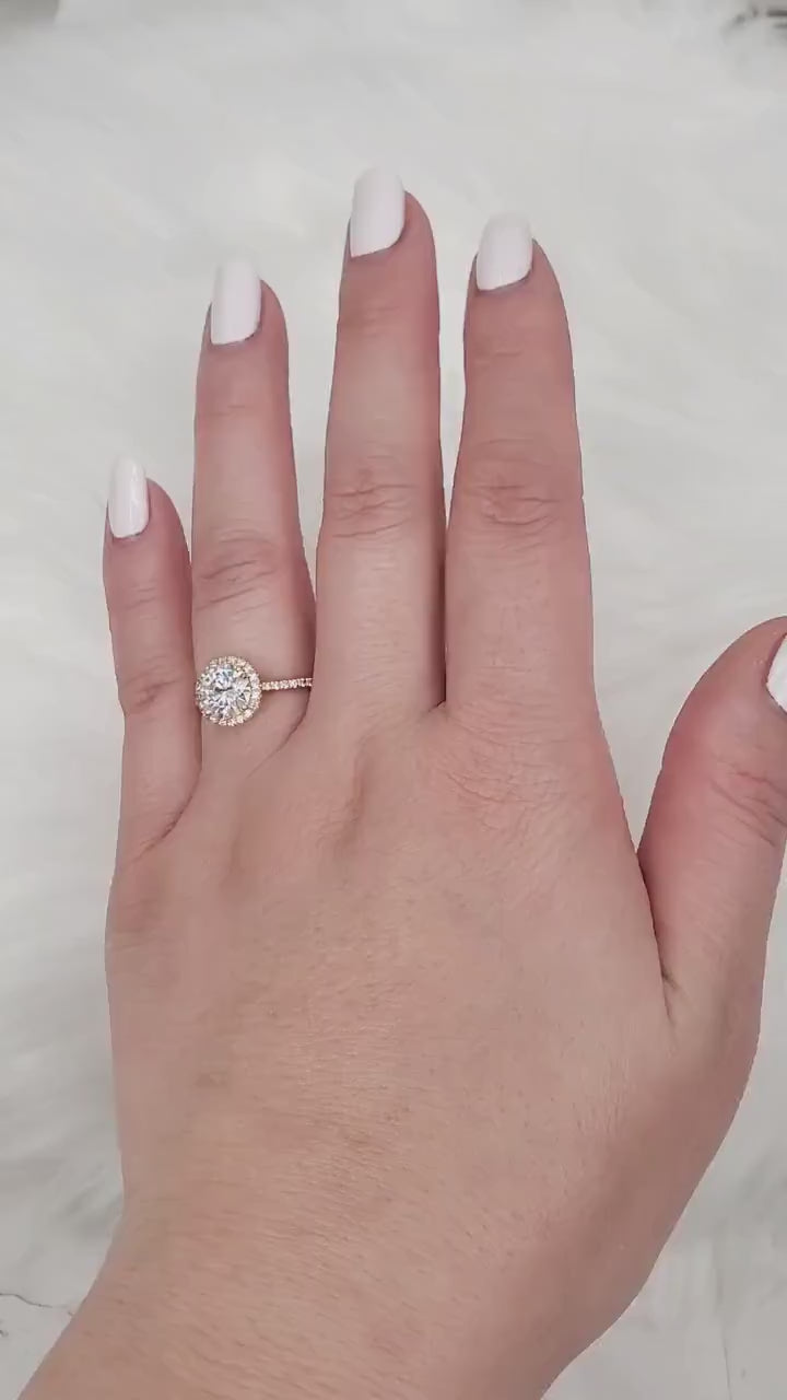 Ready to Ship 1.50ct Kimberly 7.5mm 14kt Rose Gold Value Moissanite Diamond Pave Round Halo Engagement Ring,Minimalist Halo Ring