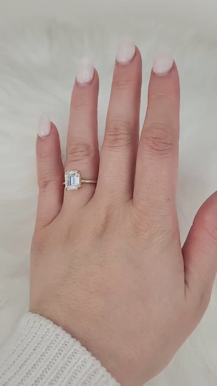 2.60ct LOW Tiana 9x7mm 14kt Gold Moissanite Diamond Hidden Halo Emerald Cut Ring,Emerald Engagement Ring,Secret Halo Ring,Anniversary Gift