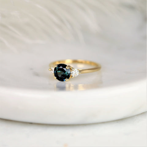 1.48ct Ready to Ship Colette 14kt Gold Peacock Teal Sapphire Diamond Three Stone Round Ring