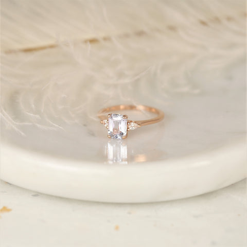 1.70ct Ready to Ship Petite Ellis 14kt Rose Gold Blush Peach Sapphire Diamond 3 Stone Cushion Ring