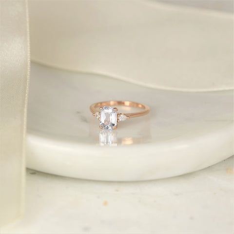 1.70ct Ready to Ship Petite Ellis 14kt Rose Gold Blush Peach Sapphire Diamond 3 Stone Cushion Ring