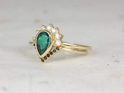 Oana 8x5mm & Venus 14kt Gold Green Emerald Diamonds Sapphire Pear Bezel Crescent Unique Half Halo Bridal Set