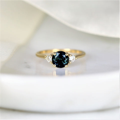 1.48ct Ready to Ship Colette 14kt Gold Peacock Teal Sapphire Diamond Three Stone Round Ring