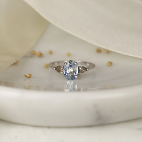 1.50ct Ready to Ship Emery 14kt White Gold Icy Cornflower Blue Sapphire Salt Pepper Diamond Pear 3 Stone Oval Ring
