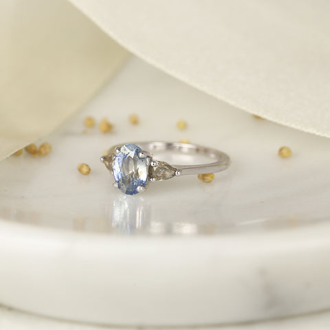 1.50ct Ready to Ship Emery 14kt White Gold Icy Cornflower Blue Sapphire Salt Pepper Diamond Pear 3 Stone Oval Ring