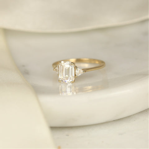 1.75ct DIAMOND FREE Livy 8x6mm 14kt Gold Moissanite Dainty Emerald Trillion 3 Stone Ring