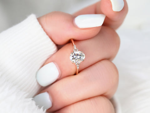 1.50ct Maddy 8x6mm 14kt Rose Gold Forever One Moissanite Diamonds Dainty Oval 3 Stone Cluster Ring
