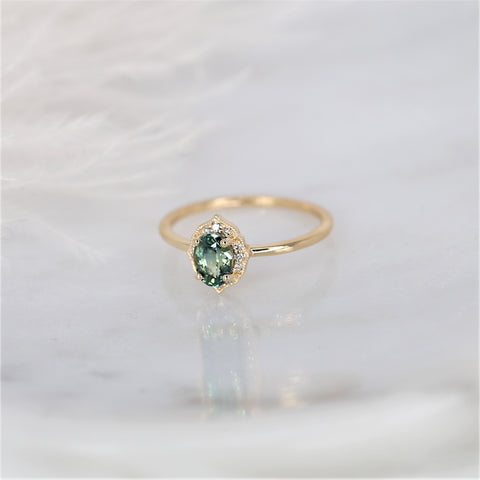 0.87ct Ready to Ship Mini Mae 14kt Gold Green Tea Teal Sapphire Diamond Oval Halo Ring