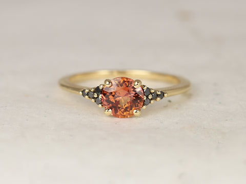 1.04ct Ready to Ship Malia 14kt Yellow Gold Flamed Tangerine Red Sapphire Black Diamonds Dainty Round Cluster Ring