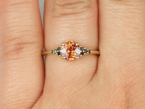 1.04ct Ready to Ship Malia 14kt Yellow Gold Flamed Tangerine Red Sapphire Black Diamonds Dainty Round Cluster Ring