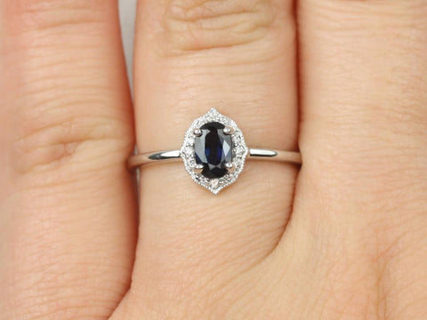Mini Mae 6x4mm 14kt White Gold Blue Sapphire Diamond WITH Milgrain Art Deco Oval Halo Ring