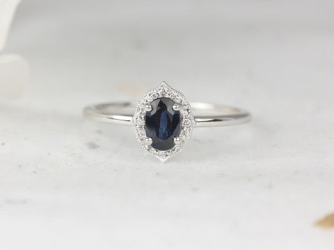 Mini Mae 6x4mm 14kt White Gold Blue Sapphire Diamond WITH Milgrain Art Deco Oval Halo Ring