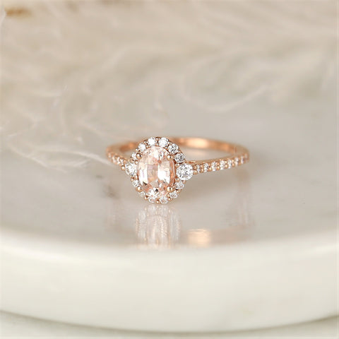 1.29cts Ready to Ship Bridgette 14kt Rose Gold Oval Peach Sapphire Diamonds 3 Stone Oval Halo Ring