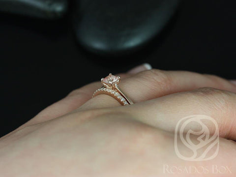 0.45ct Ready to Ship Gallina & DIA Barra 14kt Rose Gold Cushion Peach Champagne Sapphire Cathedral Solitaire Wedding Set