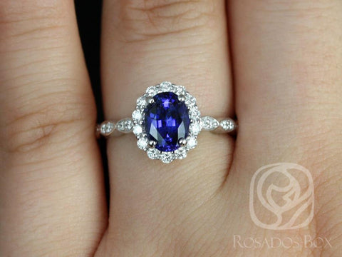 8x6mm Oval Blue Sapphire Diamond Flower Petal Halo WITHOUT Milgrain Engagement Ring,14kt White Gold,Jubilee 8x6mm