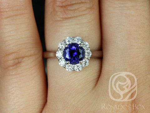 Ready to Ship Blossom 6.5mm 14kt White Gold Round Blue Sapphire Diamonds Flower Halo Engagement Ring