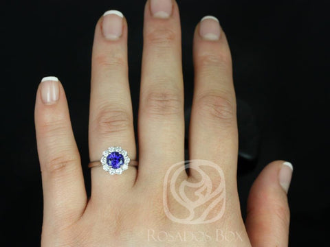 Ready to Ship Blossom 6.5mm 14kt White Gold Round Blue Sapphire Diamonds Flower Halo Engagement Ring
