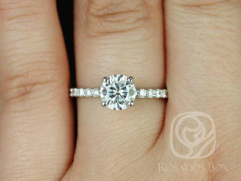 1ct Ready to Ship Sarah 6.5mm 14kt White Gold Moissanite Diamond Pave Minimalist Round Solitaire Engagement Ring