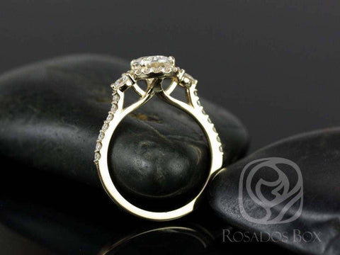 1.50cts Natalia 8x6mm 14kt Gold Moissanite Diamond Unique Three Stone Oval Halo Ring