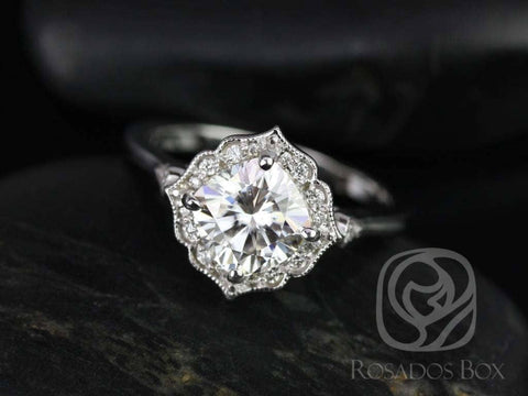 1.70ct Lily 7mm 14kt White Gold Moissanite Diamond WITH Milgrain Kit Set Engagement Ring,Art Deco Cushion Halo Ring,Unique Ring