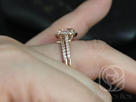 Bridgette 8x6mm 14kt Gold Morganite Diamond Unique Halo Bridal Set,Morganite Engagement Ring Set,Morganite Halo Ring,Unique Wedding Ring