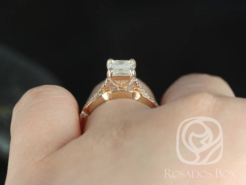 1.75ct Emerald Forever One Moissanite Diamonds Vintage Art Deco Bridal Set,14kt Rose Gold,Wilma 8x6mm & Stella