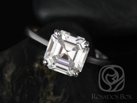 2.20ct Skinny Denise 8mm 14kt White Gold Moissanite Tapered Dainty Minimalist Asscher Solitaire Engagement Ring