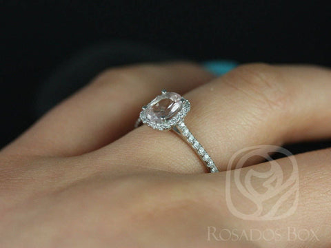 Rosados Box Ready to Ship Romani 7x5mm Platinum Oval Morganite and Diamonds Cushion Halo Engagement Ring