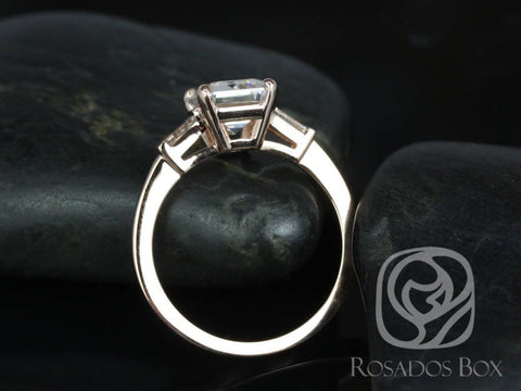 2.50ct Farrah 9x7mm 14kt Rose Gold Forever One Moissanite Diamond Art Deco Baguette 3 Stone Emerald Engagement Ring