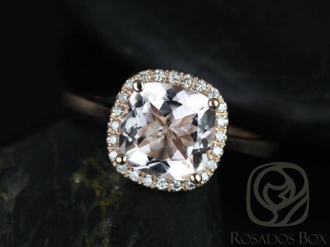 Ready to Ship Roxie 8mm 14kt YELLOW Gold  Morganite Diamonds Micropave Cushion Halo Engagement Ring