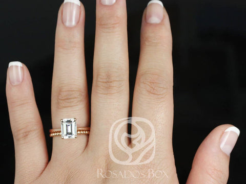 DIAMOND FREE Skinny Norma 9x7mm & Buddha Beads 14kt Rose Gold Emerald Moissanite Bridal Set