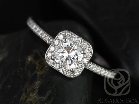 SALE Rosados Box Ready to Ship Camila 5mm 14kt White Gold Cushion FB Moissanite and Diamonds Halo Engagement Ring