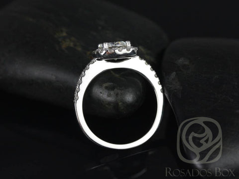 SALE Rosados Box Ready to Ship Colbie 7mm 14kt White Gold Round FB Moissanite and Diamond Cushion Halo Engagement Ring