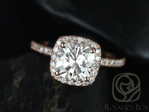 SALE 2ct Ready to Ship Mariah 7.5mm 14kt Rose Gold Cushion FB Moissanite and Diamond Halo Engagement Ring