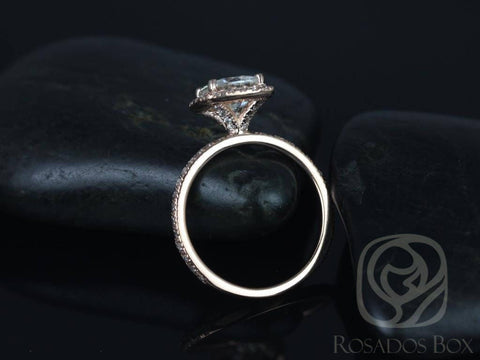 SALE Rosados Box Ready to Ship Mariah 7.5mm 14kt Rose Gold Cushion FB Moissanite and Diamond Halo Engagement Ring